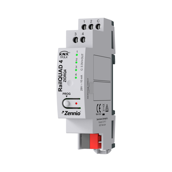 RAILQUAD 4. MODUŁ WEJŚCIOWY Z 4 WEJŚCIAMI ANALOGOWO-CYFROWYMI DO MONTAŻU NA SZYNIE DIN Z DIODAMI LED SYGNALIZUJĄCYMI STAN