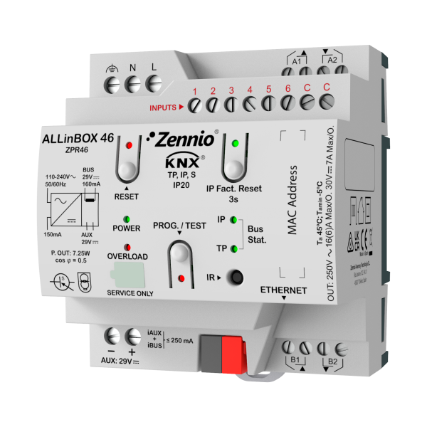 ALLINBOX 46. URZĄDZENIE WIELOFUNKCYJNE Z ZASILACZEM KNX, INTERFEJSEM KNX-IP, 4 WYJŚCIAMI/6 WEJŚCIAMI I MODUŁEM LOGICZNYM