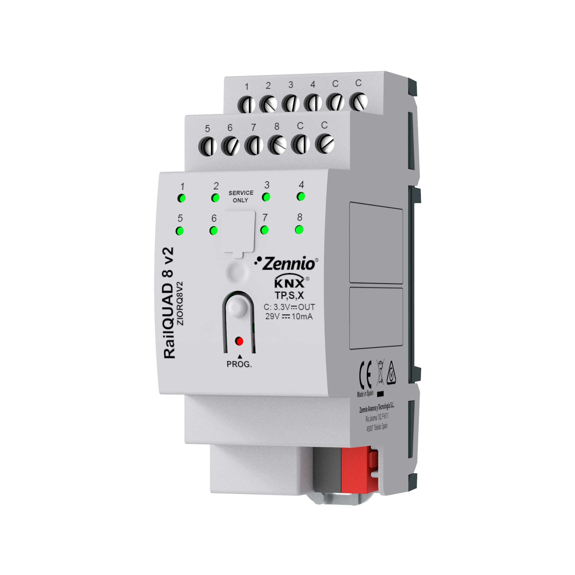 RAILQUAD 8 V2. MODUŁ WEJŚCIOWY Z 8 WEJŚCIAMI ANALOGOWO-CYFROWYMI DO MONTAŻU NA SZYNIE DIN, WYPOSAŻONY W DIODY LED SYGNALIZUJĄCE STAN