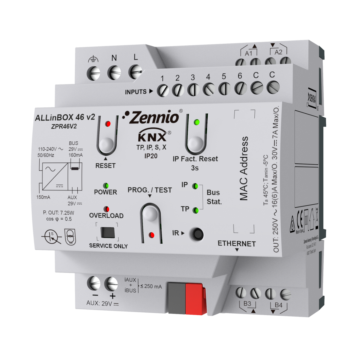 ALLinBOX 46 v2. Multifunction device with KNX power supply, KNX-IP Interface, 4 outputs/6 inputs and logic module