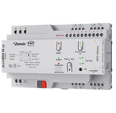 ALLINBOX 88 V2 – WIELOFUNKCYJNY CENTRALNY AKTOR KNX SECURE Z ZASILACZEM 320 MA I INTERFEJSEM IP, NA SZYNĘ DIN