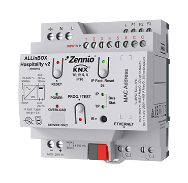 ALLINBOX HOSPITALITY V2 – HOTELOWY AKTOR CENTRALNY KNX SECURE Z ZASILACZEM 160 MA, INTERFEJSEM IP I KONTROLEREM FAN-COIL, NA SZYNĘ DIN